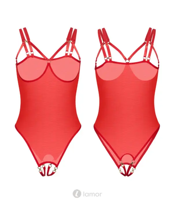 * Kinky Diva Kinky Diva Piquant Cupless Crotchless  Rode Mesh Body Zwart Goud O/S