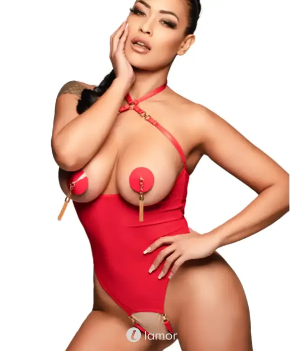 * Kinky Diva Kinky Diva Coquette Cupless Crotchless Mesh Body Rood Goud O/S