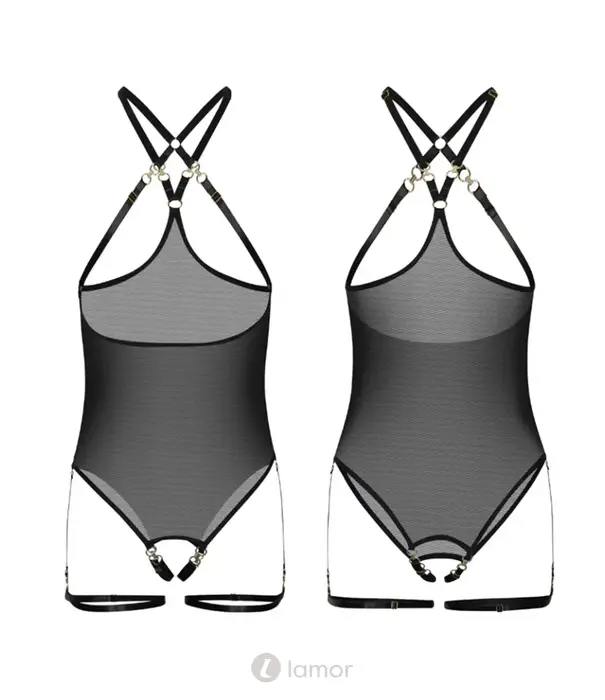 * Kinky Diva Kinky Diva Risqué Cupless Crotchless Mesh Body Zwart Goud O/S