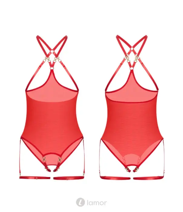 * Kinky Diva Kinky Diva Risqué Cupless Crotchless  Rode Mesh Body Zwart Goud O/S