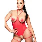 Kinky Diva Risqué Cupless Crotchless  Rode Mesh Body Zwart Goud O/S