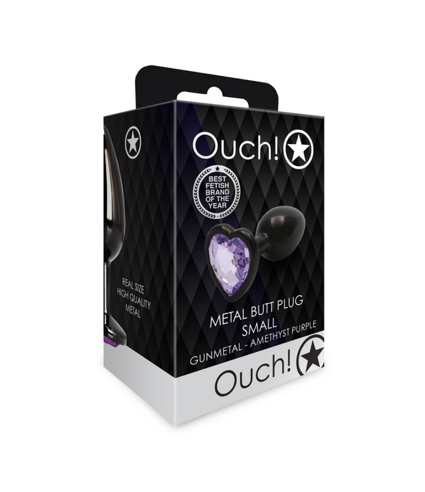 Ouch! by Shots Heart Gem Butt Plug - Klein - Gunmetal/Amethyst Paars