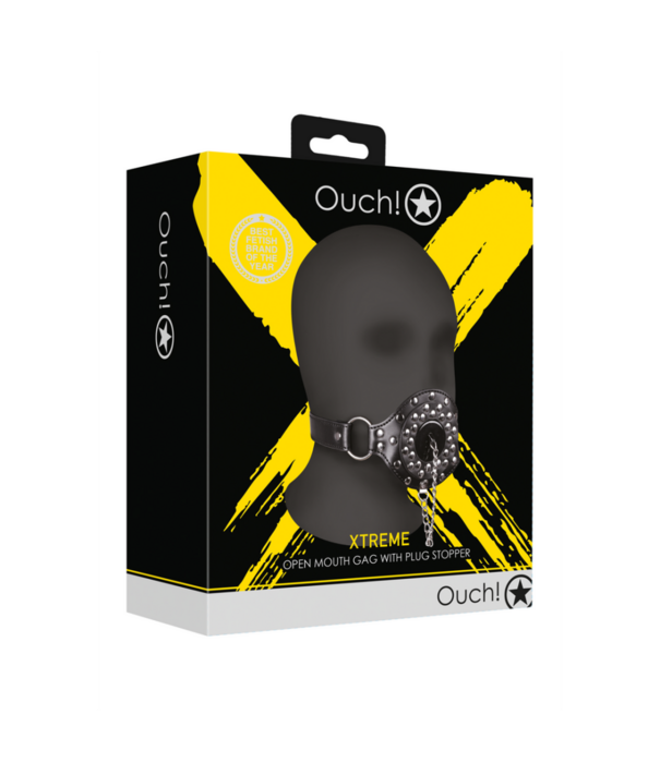 Ouch! by Shots Open Mouth Gag met Plug Stopper - Zwart
