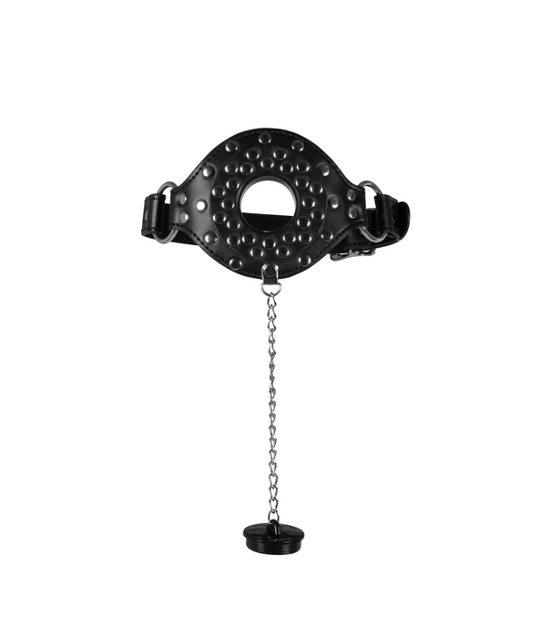 Ouch! by Shots Open Mouth Gag met Plug Stopper - Zwart