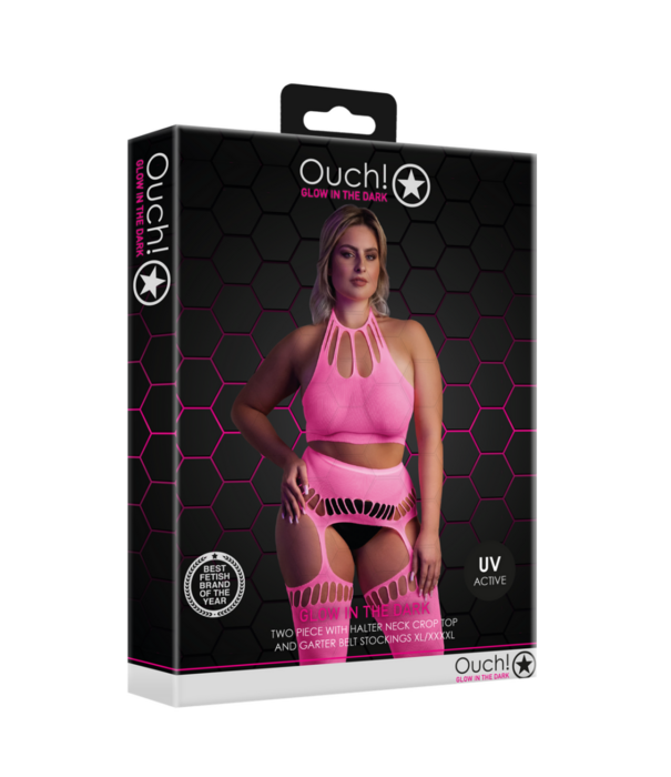 Ouch! by Shots Twee-delige set met crop top en kousen - Plus Size - Neon Roze