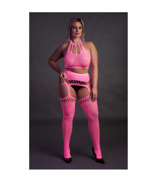 Ouch! by Shots Twee-delige set met crop top en kousen - Plus Size - Neon Roze