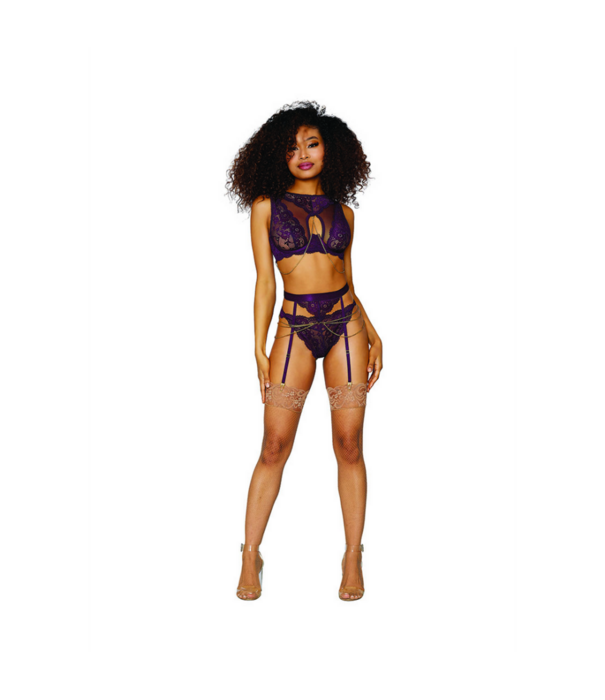 Dreamgirl Dames Kant en Gaas 3-delige Set - L - Aubergine