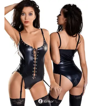 Wetlook body met veters en studs, Katherin