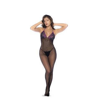 Visnet en Kant Bodystocking Set - Één Maat - Zwart/Paarse