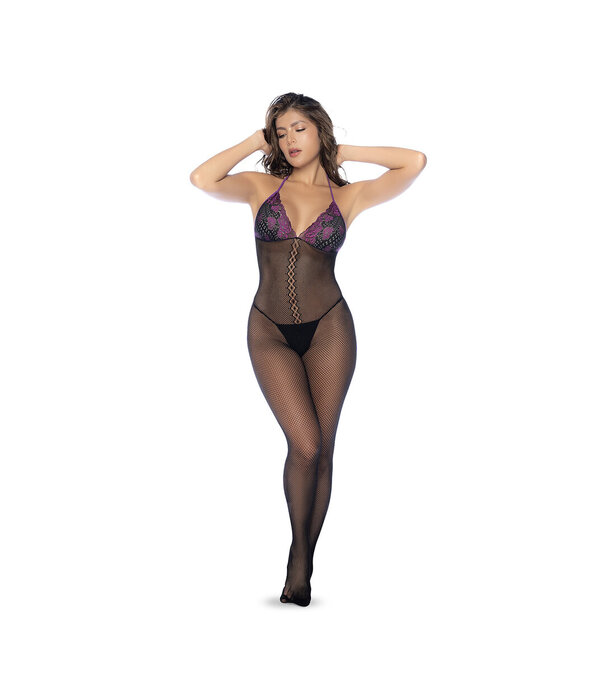 Mapalé Visnet en Kant Bodystocking Set - Één Maat - Zwart/Paarse