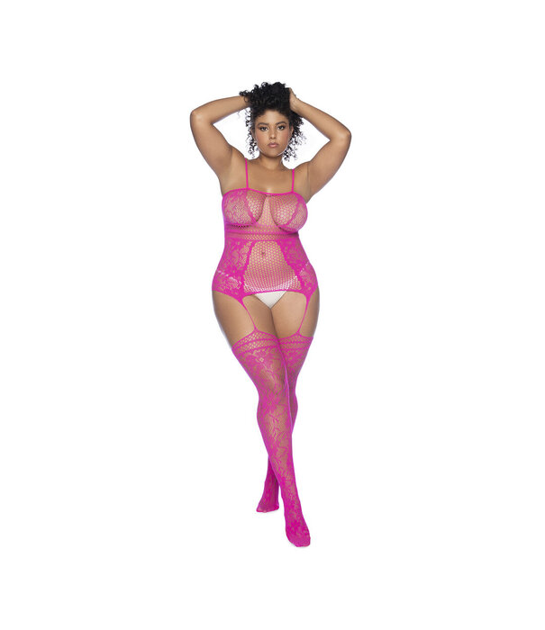Mapalé Visnet Bodystocking met Halslijnen en Bandjes - Koning Maat - Roze