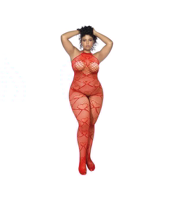 Mapalé Hart Visnet Bodystocking met Strass Detail - Koning Maat - Rood