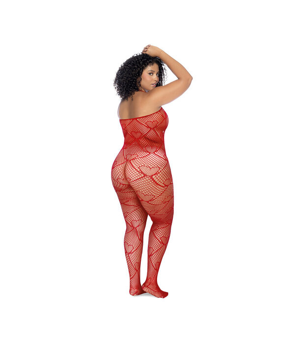 Mapalé Hart Visnet Bodystocking met Strass Detail - Koning Maat - Rood