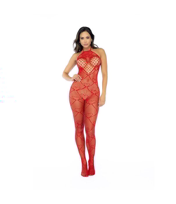 Mapalé Hart Visnet Bodystocking met Strass Detail - Één Maat - Rood