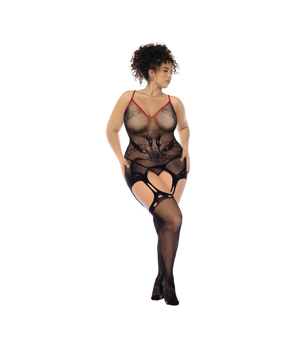 Mapalé Slangen Visnet Bodystocking - Koning Maat - Zwart/Rood