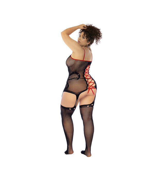Mapalé Slangen Visnet Bodystocking - Koning Maat - Zwart/Rood