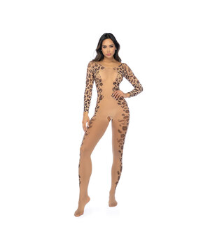 Lange Mouw Leopard Mesh Bodystocking - Één Maat - Leopard