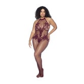 Halter en Kralenloze Bloemen Bodystocking - Koninginneformaat - Kers