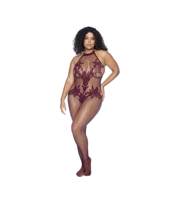 Mapalé Halter en Kralenloze Bloemen Bodystocking - Koninginneformaat - Kers