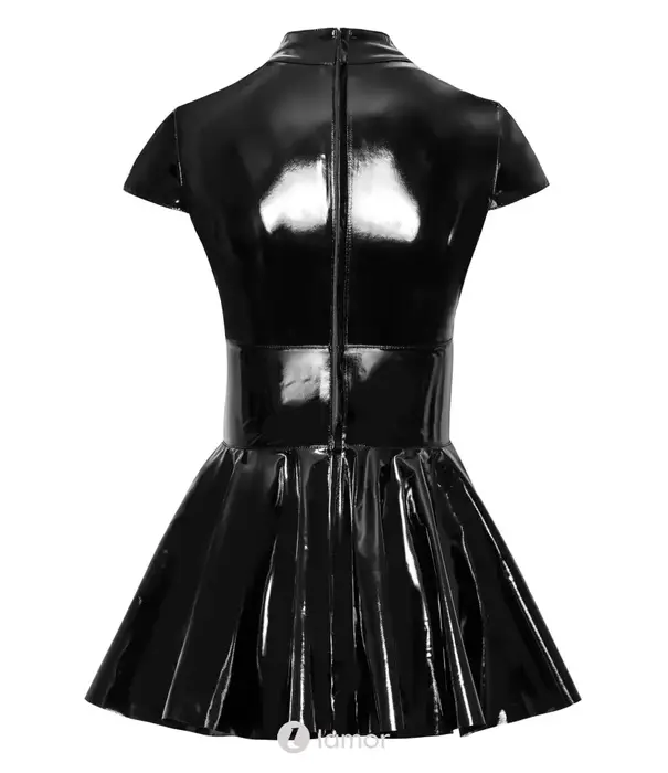* BLACK LEVEL Black Level lak minikleid met korte mouw, ringkraag en gespbanden