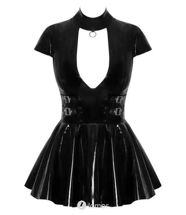 * BLACK LEVEL Black Level lak minikleid met korte mouw, ringkraag en gespbanden