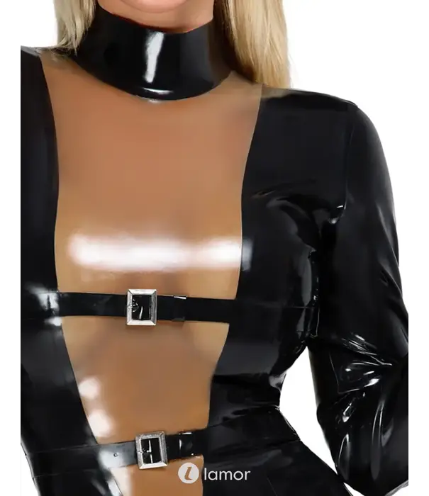 * LATE X LateX zwarte latex jurk lang met V-inzet en verstelbare gespbanden