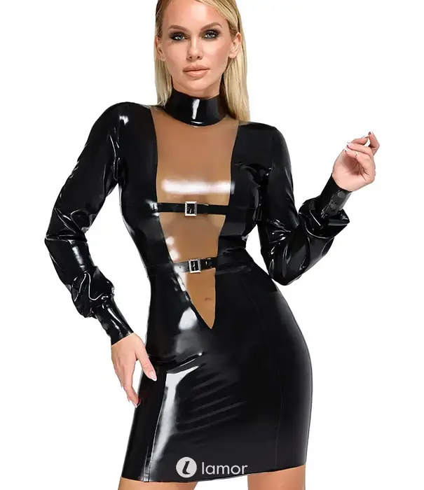 * LATE X LateX zwarte latex jurk lang met V-inzet en verstelbare gespbanden