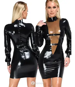 Latex jurk lang zwart met V-inzet, LX2901390
