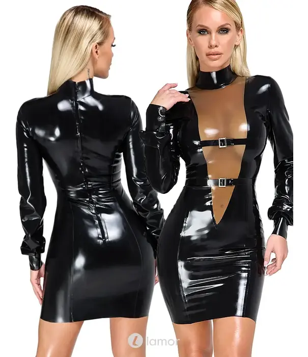 * LATE X LateX zwarte latex jurk lang met V-inzet en verstelbare gespbanden