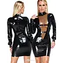 LateX zwarte latex jurk lang met V-inzet en verstelbare gespbanden