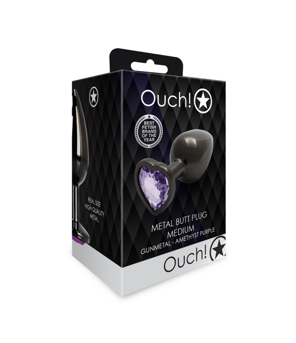 Ouch! by Shots Heart Gem Butt Plug - Medium - Gunmetal/Amethist Paars