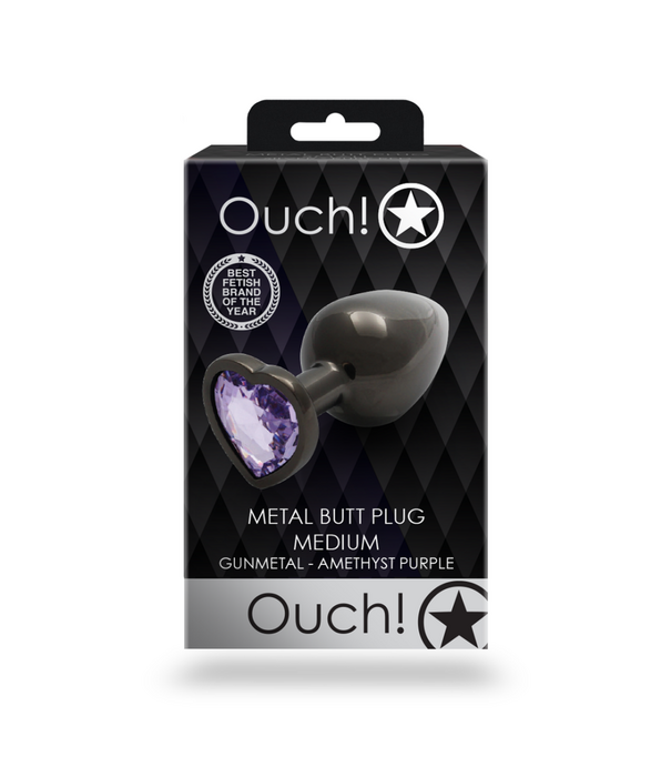 Ouch! by Shots Heart Gem Butt Plug - Medium - Gunmetal/Amethist Paars