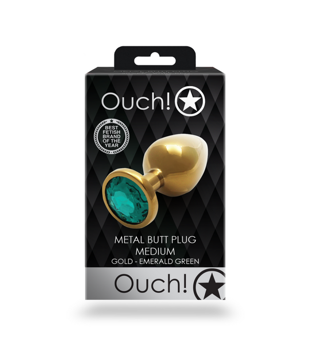 Ouch! by Shots Ronde Gem Buttplug - Medium - Goud/Emerald Groen