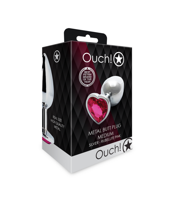 Ouch! by Shots Heart Gem Butt Plug - Medium - Zilver/Rubellite Roze