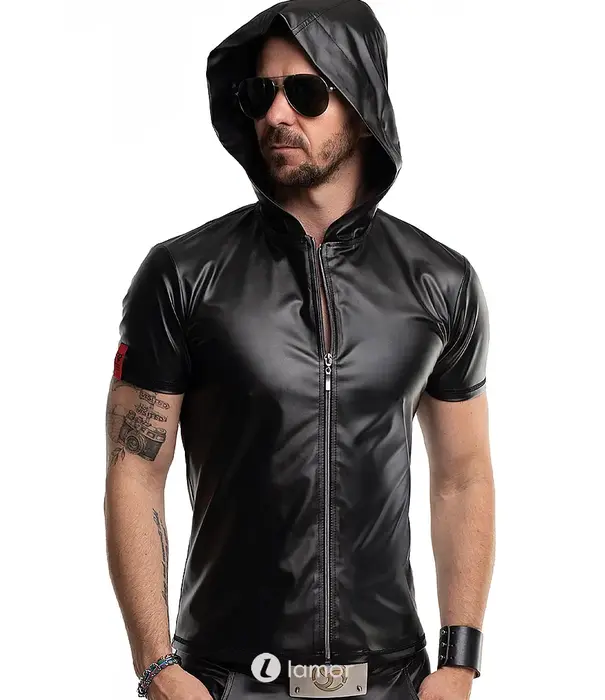 * RFP RFP wetlook T-shirt zwart met rits en slim fit pasvorm