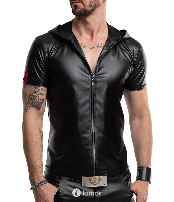 * RFP RFP wetlook T-shirt zwart met rits en slim fit pasvorm