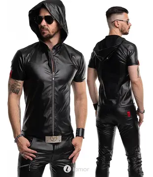 Wetlook T-shirt met rits zwart slim fit, Ettore