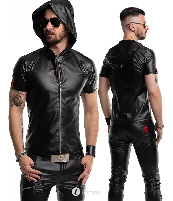 * RFP RFP wetlook T-shirt zwart met rits en slim fit pasvorm