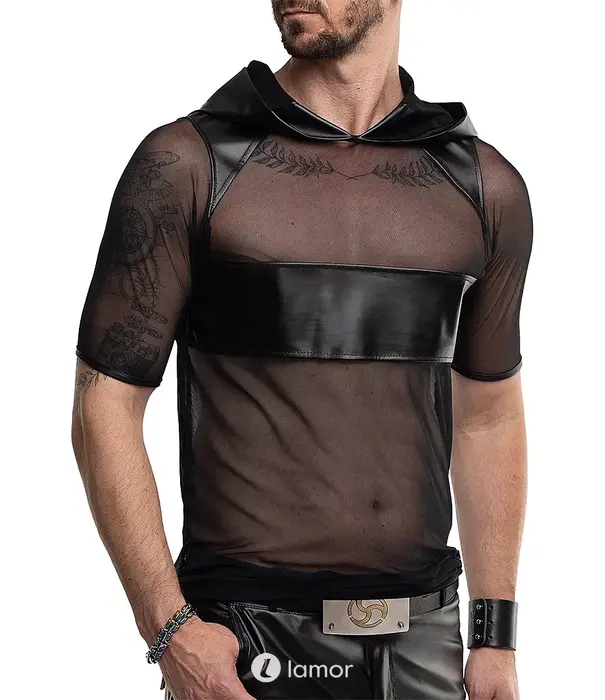 * RFP RFP mesh shirt zwart met capuchon en wetlook details