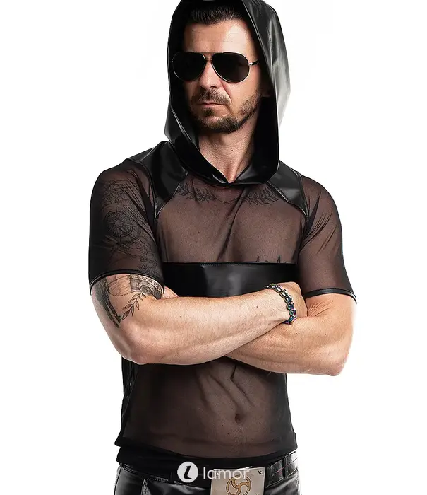 * RFP RFP mesh shirt zwart met capuchon en wetlook details