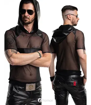 Mesh shirt met capuchon zwart slim fit, Ivo