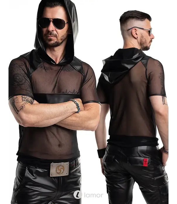 * RFP RFP mesh shirt zwart met capuchon en wetlook details