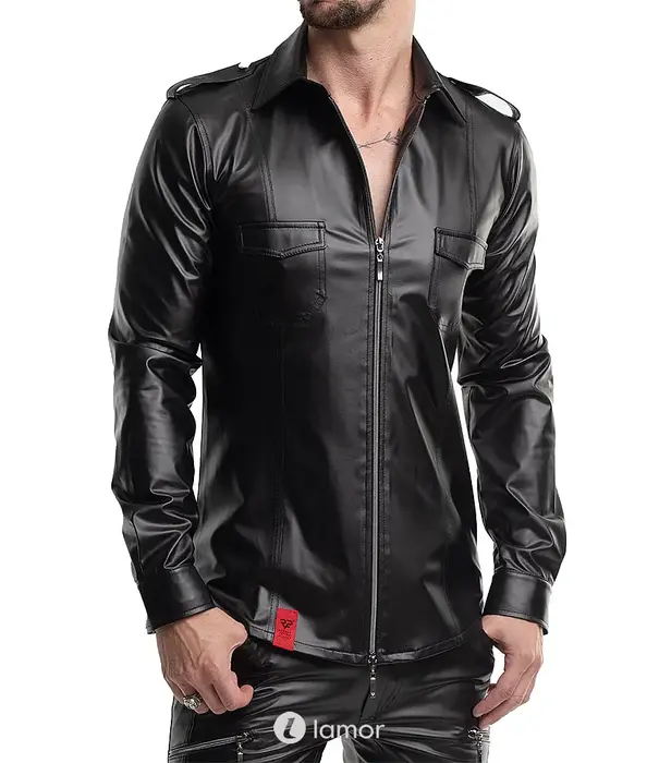 * RFP RFP wetlook shirt zwart lange mouw met rits en slim fit