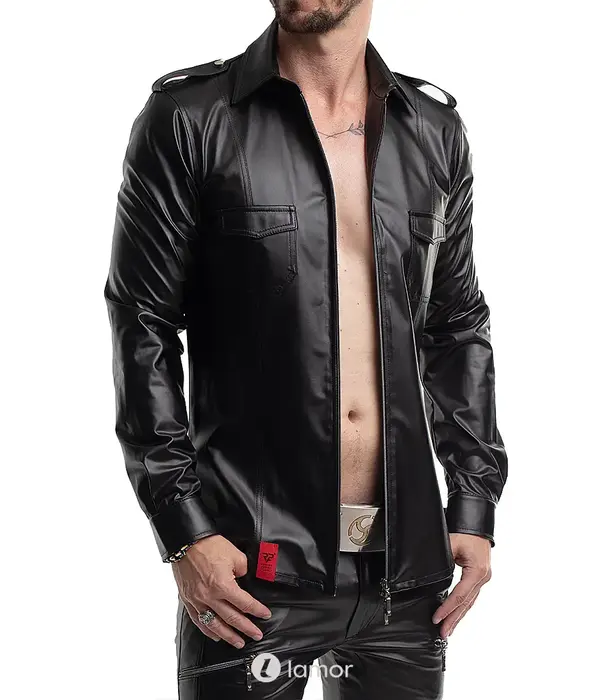 * RFP RFP wetlook shirt zwart lange mouw met rits en slim fit