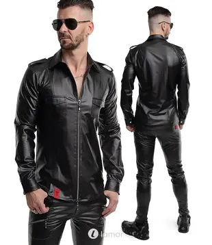 Wetlook shirt lange mouw zwart slim fit, Natale