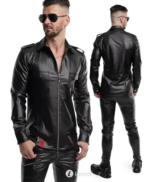 * RFP RFP wetlook shirt zwart lange mouw met rits en slim fit