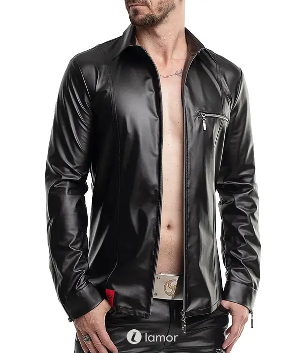 * RFP RFP wetlook shirt zwart lange mouw met rits slim fit