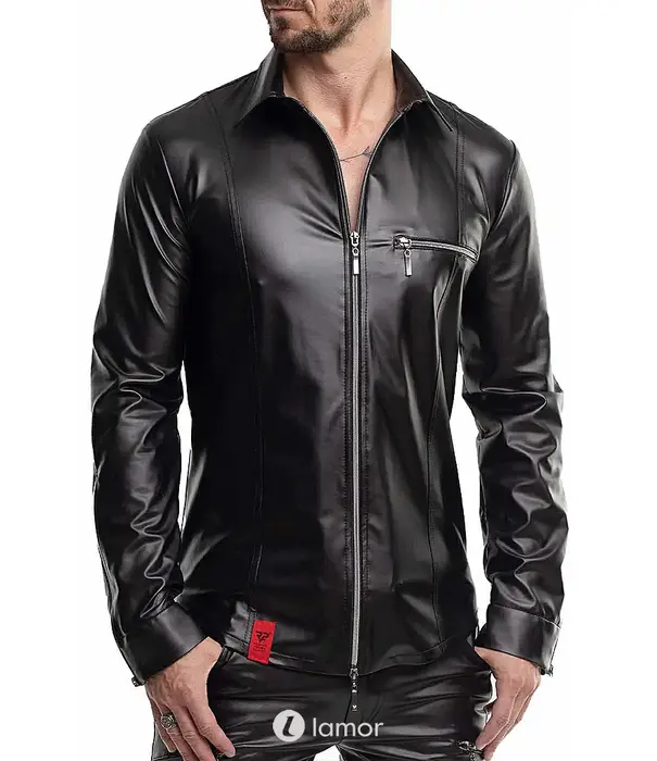 * RFP RFP wetlook shirt zwart lange mouw met rits slim fit