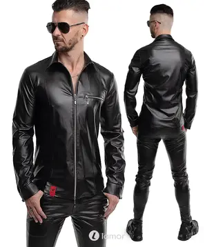 Wetlook shirt lange mouw zwart slim fit, Pasquale