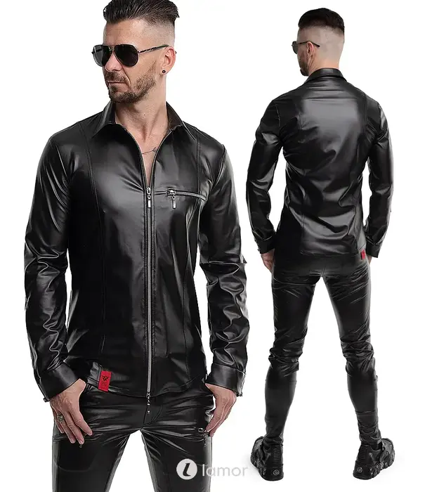 * RFP RFP wetlook shirt zwart lange mouw met rits slim fit